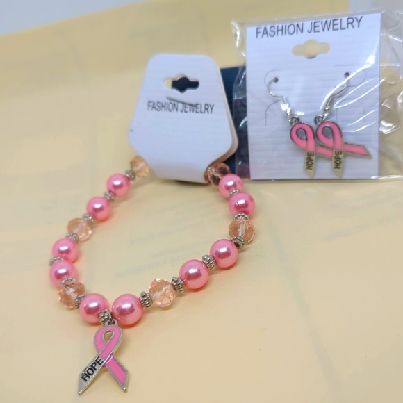 Breast Cancer HOPE Pink RIBBON Bracelet & Matching Earrings French Wires 3 PCS - Picture 5 of 12
